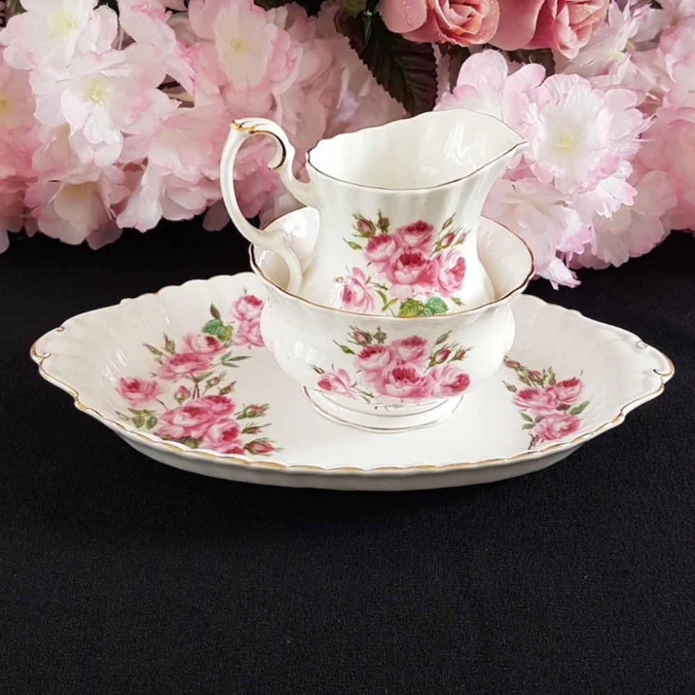 Royal Albert Pink Carnations Bone China Cream Sugar and Tray Set